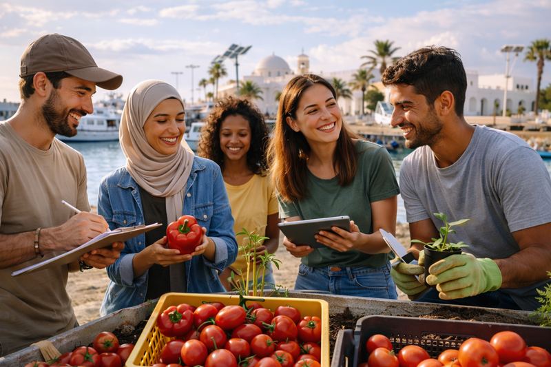 Jeunes producteurs présentant leurs légumes sur un marché